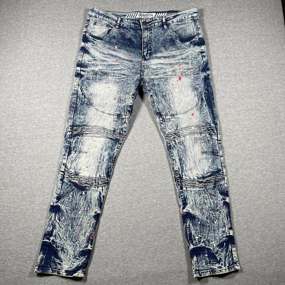 GSTR Jeans Mens 36x31 Blue Acid Wash Skinny Slim Distressed Paint Splatter